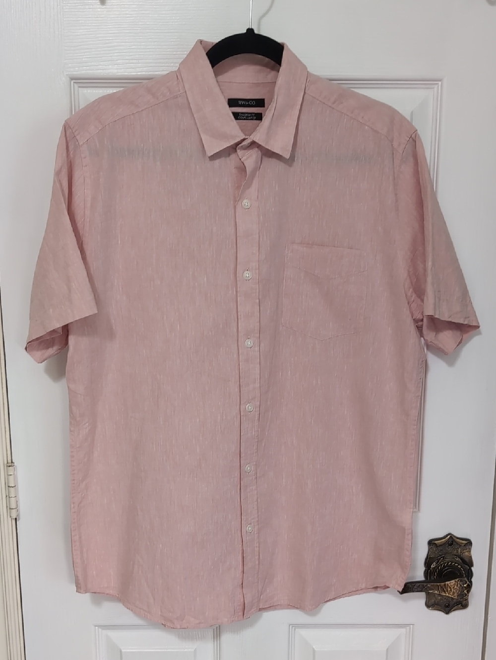 Men's Large Short-Sleeve Linen Cotton Blend Button-Up Shirt Light Pink